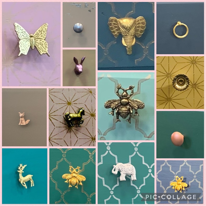May include: A collage of various decorative drawer pulls and knobs in different shapes and colors, including a butterfly, elephant, bee, horse, deer, and fox. The knobs are made of metal and have a vintage aesthetic.