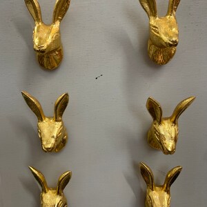 May include: Six gold rabbit head shaped wall hooks. The hooks are all facing forward and are arranged in two rows of three. The hooks are mounted on a white wall.