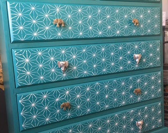 Chest of Drawers Painted Bespoke Moroccan Geometric Bee Elephant Handles Stencilled