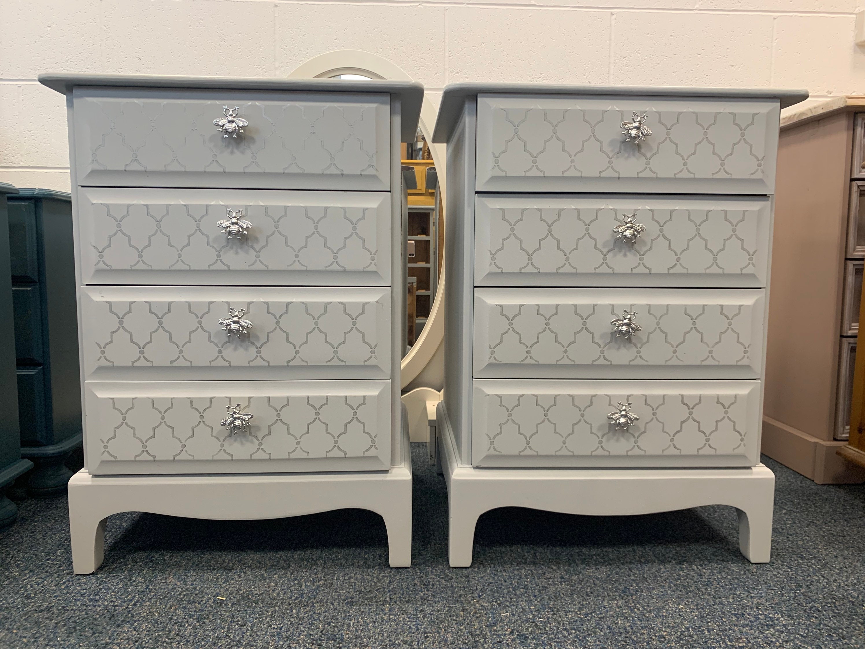 A Pair of Stunning STAG Minstrel Bedside Tables Grey With Silver