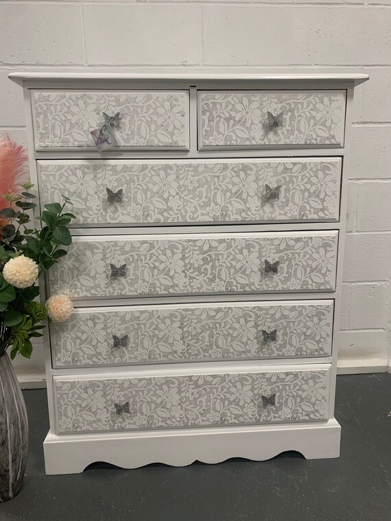 Chest of Drawers Bespoke Painted White Silver Lace Moroccan