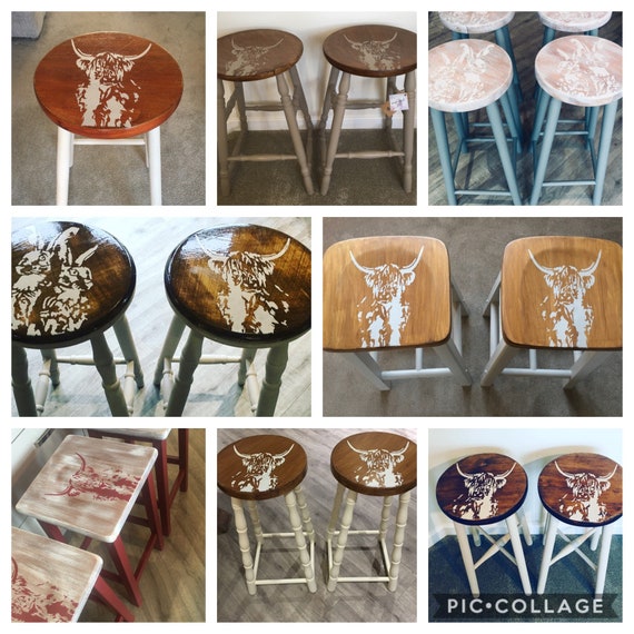 Pair of Bar Stools Wooden Painted Bespoke Stencilled Etsy