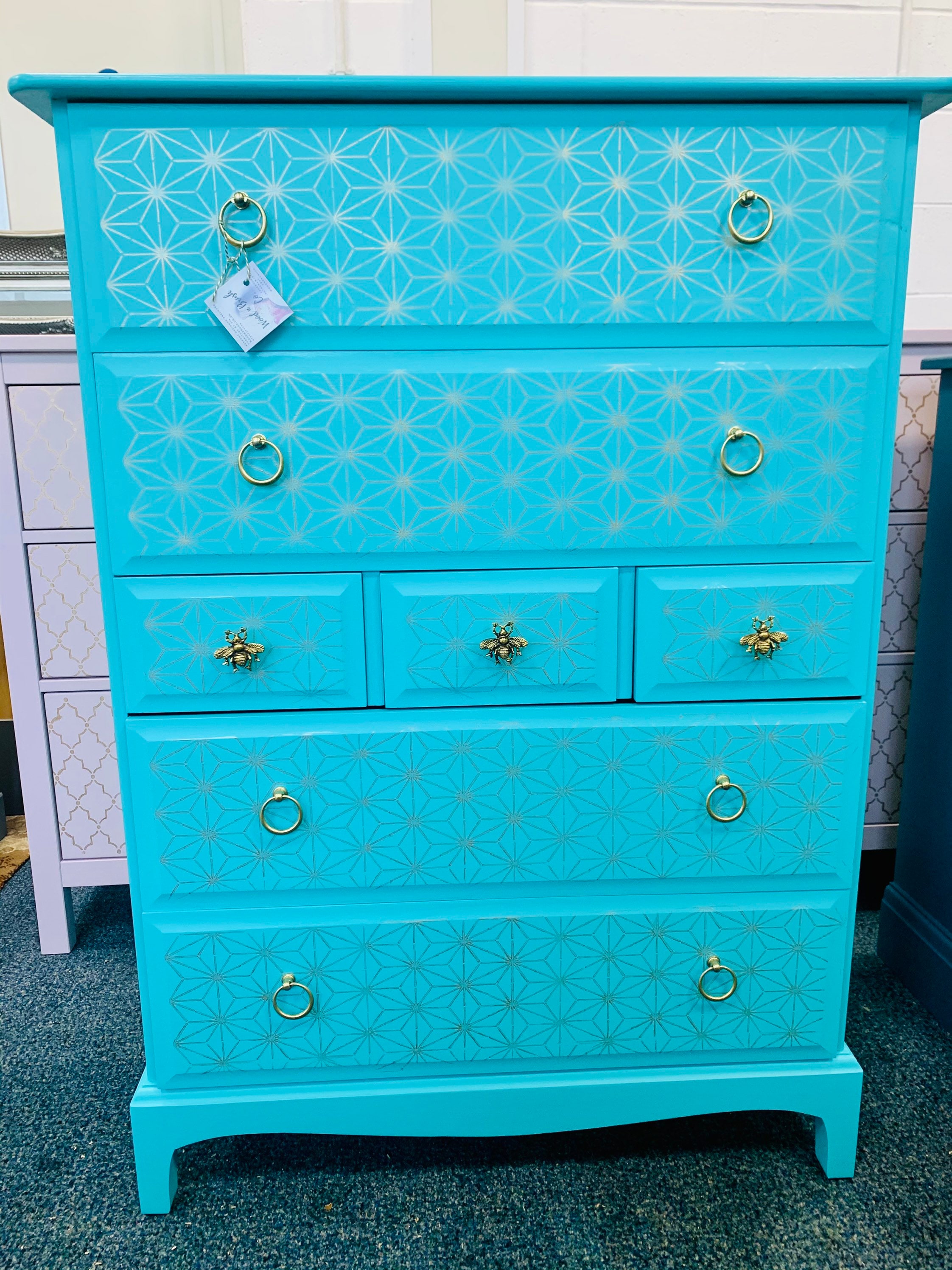 Stunning Bespoke STAG Minstrel Chest of Drawers Fusion Mineral Paint Bees Turquoise and Gold Moroccan design geometric Stencilled