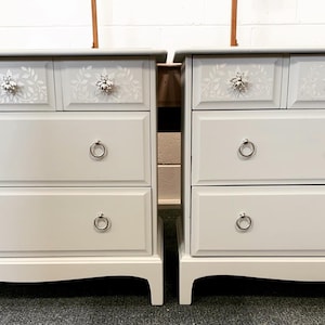 Pair of Stag Minstrel Chest of Drawers Bedside Tables Painted Bespoke Stencilled Bone Inlay Grey Pearl