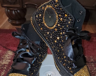 Custom Bling and Pearl Black and Gold High Top Converse