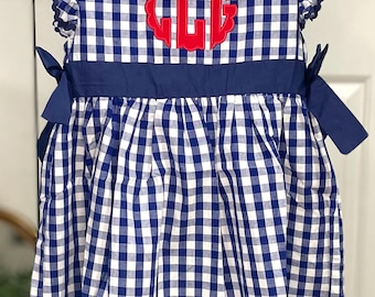 Girls Royal Blue Gingham Dress- Flutter Sleeves- Appliqued Embroidered Personalization