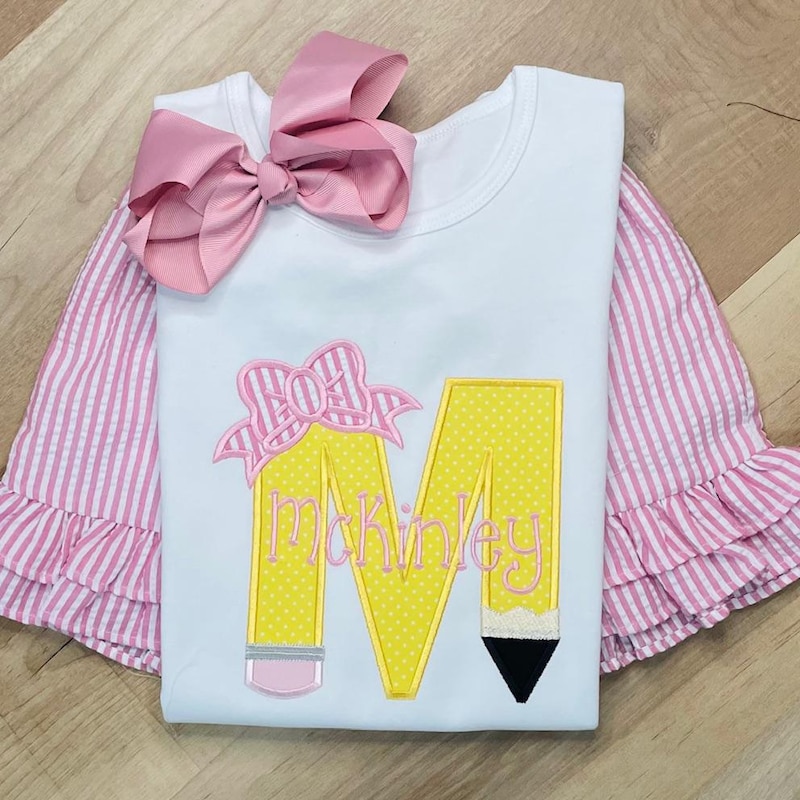 🎁 Personalized Applique Pencil Shirt, Embroidered Back To School Shirt, Seersucker Ruffle Shirt, Personalized First Day of School Outfit