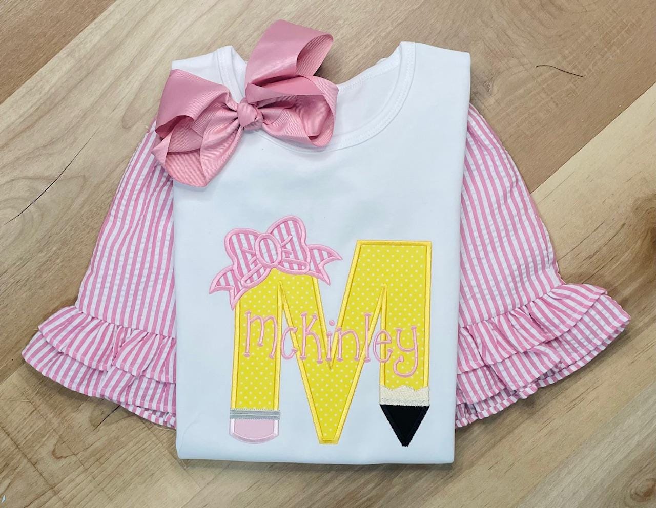 Applique Pencil Shirt, Embroidered Back To School Short Set, Seersucker Ruffle Set, Personalized First Day of School Outfit