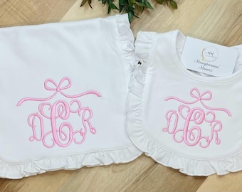 Monogrammed Infant Ruffle Gown Set, Ruffle Burp Cloth and Bib Set, Personalized Infant Gown Bib and Burp Cloth Set, Going Home Baby Set