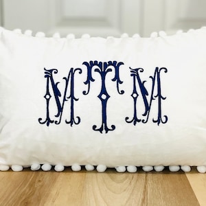 Personalized Velvet Monogram Lumbar Pillow Cover with Pom Pom Trim - 12x20 Embroidered Lumbar Throw Pillow - Pillow Bedding - Monogram Gift