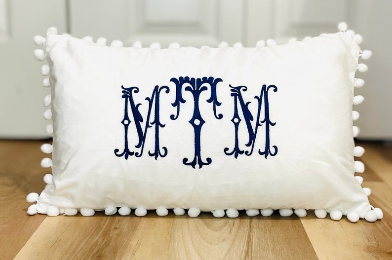 Personalized Velvet Monogram Lumbar Pillow Cover With Pom Pom Trim 12x20 Embroidered Lumbar