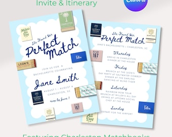 Charleston Bachelorette Itinerary and Invite | Charleston Bachelorette Party Itinerary Template | Perfect Match Bach Party | Canva Template