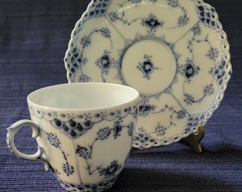 Vintage Royal Copenhagen Blue Fluted Full Lace Mocca Cup & Saucer
