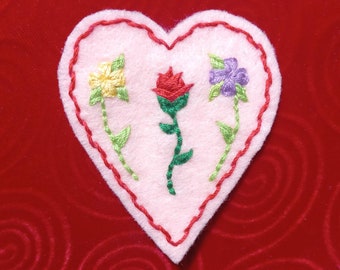 LOVECORE COLLECTION: Pink Valentine Sweetheart Iron On Patch With Embroidered Red Rose and Flowers