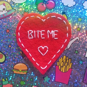 LOVECORE COLLECTION Sweetheart Valentine Red Heart &quot;Bite Me&quot; Hand Embroidered Iron On Patch