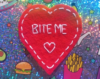 LOVECORE COLLECTION Sweetheart Valentine Red Heart &quot;Bite Me&quot; Hand Embroidered Iron On Patch