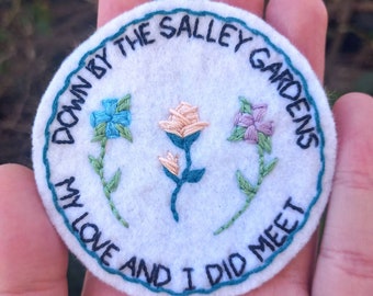 W. B. Yeats "Down By The Salley Gardens" Traditional Irish Poem W/ Embroidered Roses and Flowers Hand Embroidered Iron On Patch