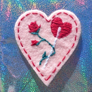 LOVECORE COLLECTION: Red Heart Lollipop and Red Rose Hand Embroidered Vintage Sweetheart Valentine Iron On Patch