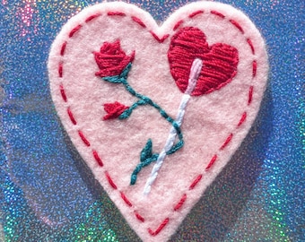 LOVECORE COLLECTION: Red Heart Lollipop and Red Rose Hand Embroidered Vintage Sweetheart Valentine Iron On Patch