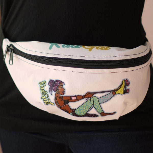 Pochete, acessórios de patins, bolsa de skate, presente para patinador, bolsa de discoteca, bolsa de cintura branca com ilustração de patinador preto