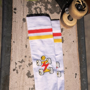Roller Skate Socks, Quad Skate Socks, White Roller Skates Socks with Orange Stripes, Performance Socks, Knee High Sports Socks