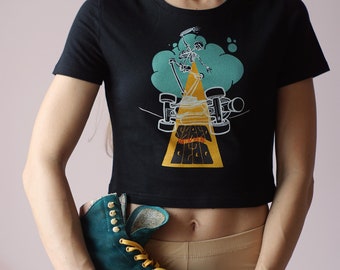 Crop Top T-shirt, Black Crop Top with Skeleton Graphic, Organic Cotton T-shirt, Activewear Cropped Tee, OEKO TEX Certified, Skate Clothing
