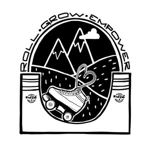 May include: Black and white illustration of a roller skate with heart-shaped laces, mountains, and a cloud in the background. The text "Roll. Grow. Empower" is written around the circle.