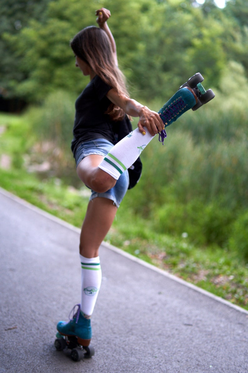 Roller Skate Socks, Knee High Socks with Green Stripes, Retro Stripe Socks, Roller Derby Socks, Roller Skate Apparel, Skate Clothing