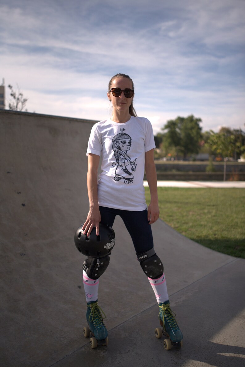 Roller Skate T-shirt with Unique Illustration, Short Sleeve Cotton Tee, White Printed Top, Skate Apparel, Roller Skate Gift, Abstract Tee