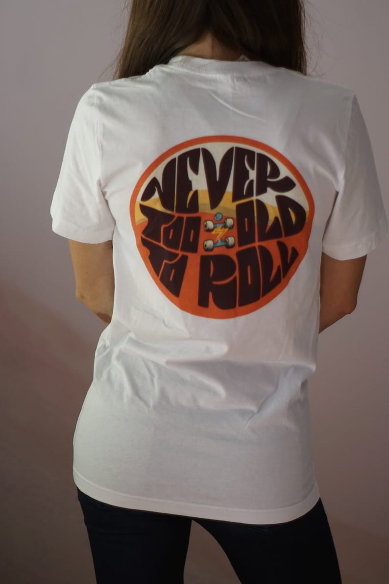 Roller Skate Shirt, Unisex Cotton T-shirt, Loose Fit Sports Tee, Short Sleeve White T-Shirt with Quad Skate Illustration on Back, Quad Shirt image 1