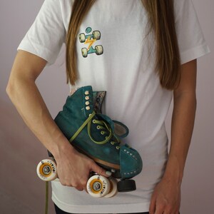 Roller Skate Shirt, Unisex Cotton T-shirt, Loose Fit Sports Tee, Short Sleeve White T-Shirt with Quad Skate Illustration on Back, Quad Shirt image 3