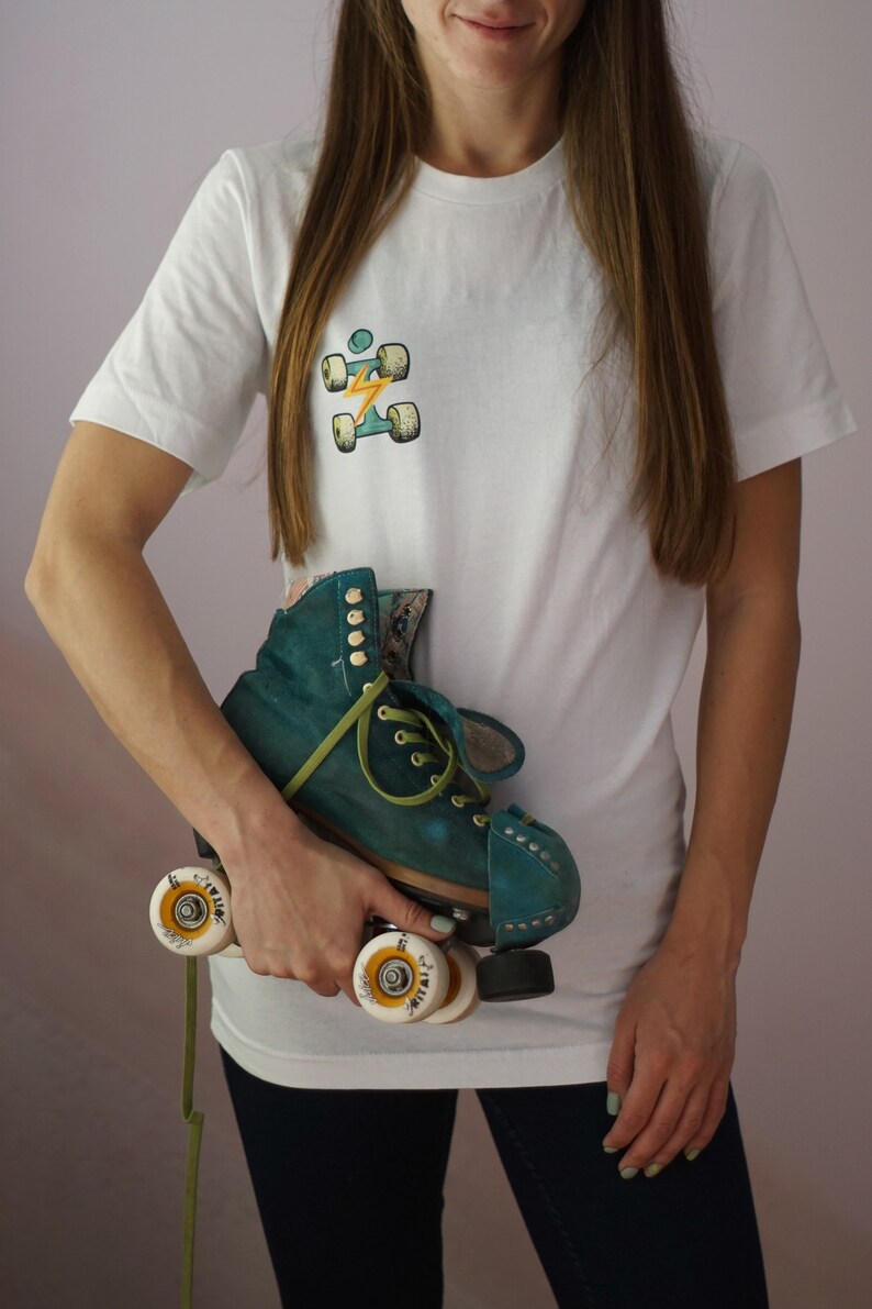 Roller Skate Shirt, Unisex Cotton T-shirt, Loose Fit Sports Tee, Short Sleeve White T-Shirt with Quad Skate Illustration on Back, Quad Shirt image 3