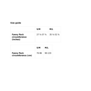 May include: Size guide for a fanny pack in inches and centimeters. The table shows the circumference of the fanny pack in inches and centimeters for sizes S/M and M/L.