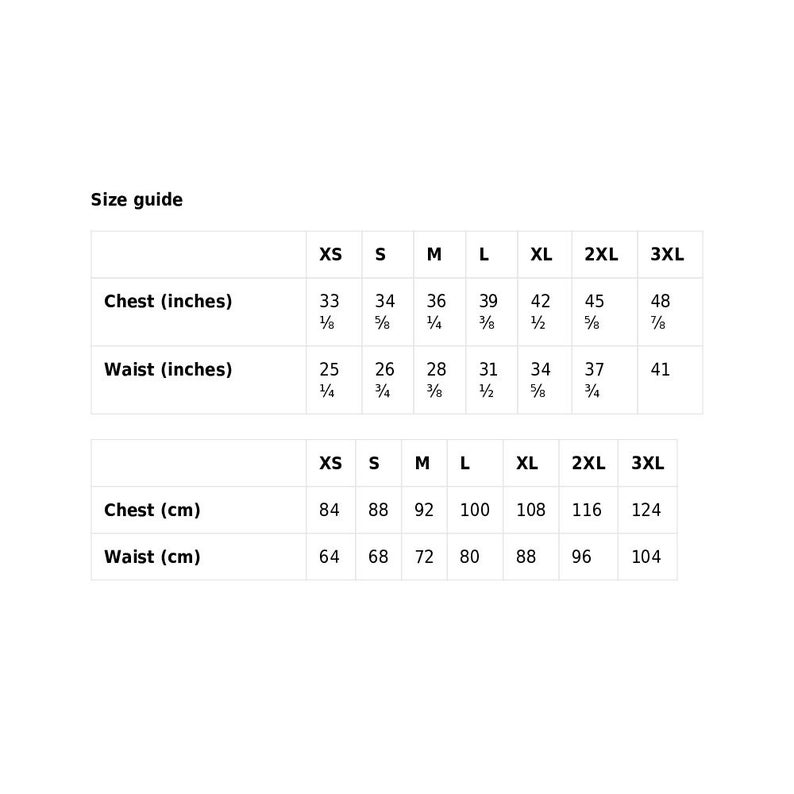 May include: Size guide chart for clothing with measurements in inches and centimeters. The chart shows sizes from XS to 3XL with corresponding chest and waist measurements.
