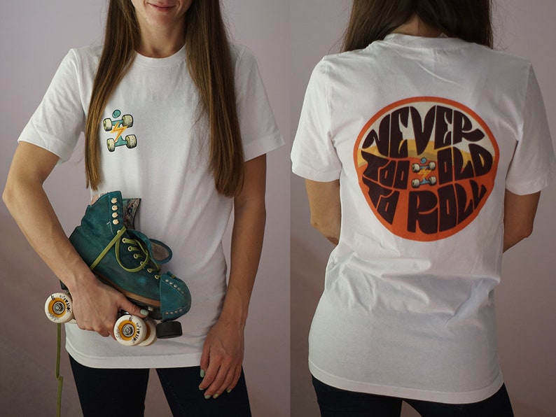 Roller Skate Shirt, Unisex Cotton T-shirt, Loose Fit Sports Tee, Short Sleeve White T-Shirt with Quad Skate Illustration on Back, Quad Shirt image 2