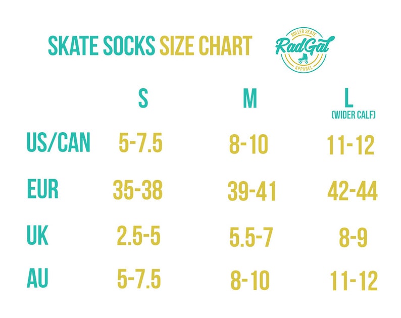 K&ouml;nnte beinhalten: Skate-Socken Gr&ouml;&szlig;entabelle mit US/CAN, EUR, UK und AU Gr&ouml;&szlig;en. Die Tabelle zeigt Gr&ouml;&szlig;en f&uuml;r kleine, mittlere und gro&szlig;e Socken. Die gro&szlig;e Gr&ouml;&szlig;e ist f&uuml;r breitere Waden.