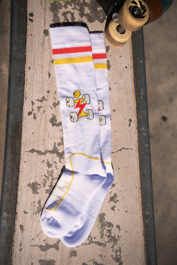 Roller Skate Socks, Quad Skate Socks, White Roller Skates Socks with Orange Stripes, Performance Socks, Knee High Sports Socks
