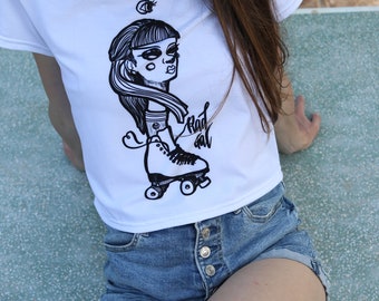 Roller Skate Crop Tee, Crop Top, Activewear, Fast Drying T-Shirt, Skate Clothing, Roller Skate Graphic Top, Roller Skate Gift, Cropped Tee