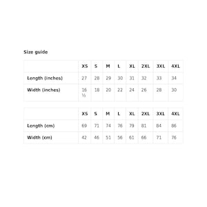 May include: Size guide chart for clothing with measurements in inches and centimetres. The chart shows sizes from XS to 4XL with corresponding length and width measurements.