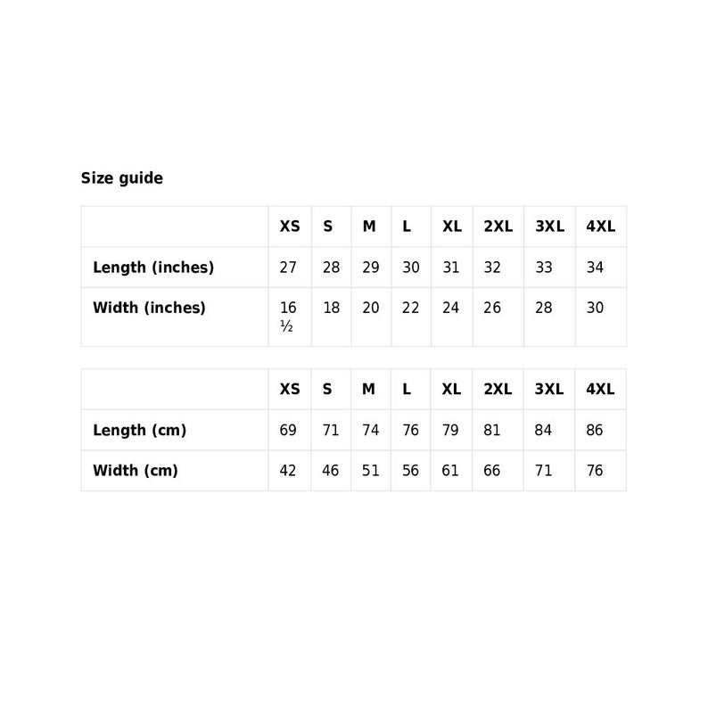 May include: Size guide chart for clothing with measurements in inches and centimetres. The chart shows sizes from XS to 4XL with corresponding length and width measurements.