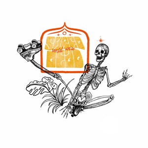 May include: A black and white illustration of a skeleton wearing roller skates and sitting on a plant. The skeleton is holding a sign that says "Space until we're dead".