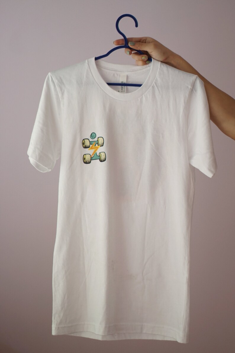 Roller Skate Shirt, Unisex Cotton T-shirt, Loose Fit Sports Tee, Short Sleeve White T-Shirt with Quad Skate Illustration on Back, Quad Shirt image 4
