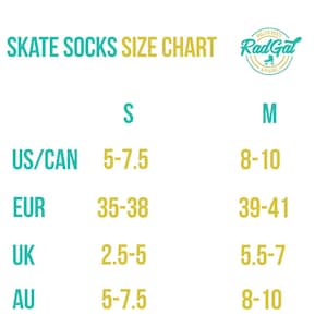 Puede incluir: Tabla de tallas de calcetines de skate con medidas en tallas US/CAN, EUR, UK y AU. La tabla muestra las tallas S y M.