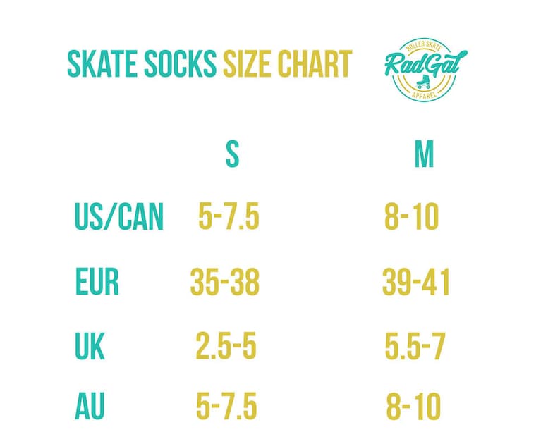 Puede incluir: Tabla de tallas de calcetines de skate con medidas en tallas US/CAN, EUR, UK y AU. La tabla muestra las tallas S y M.