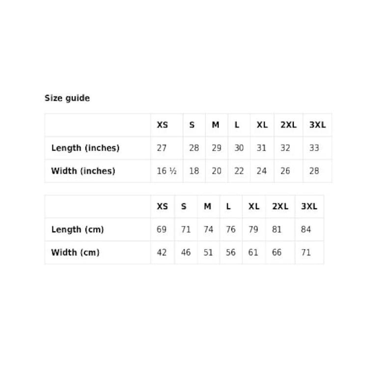 May include: Size guide chart for clothing with measurements in inches and centimeters. The chart shows sizes from XS to 3XL with corresponding length and width measurements.