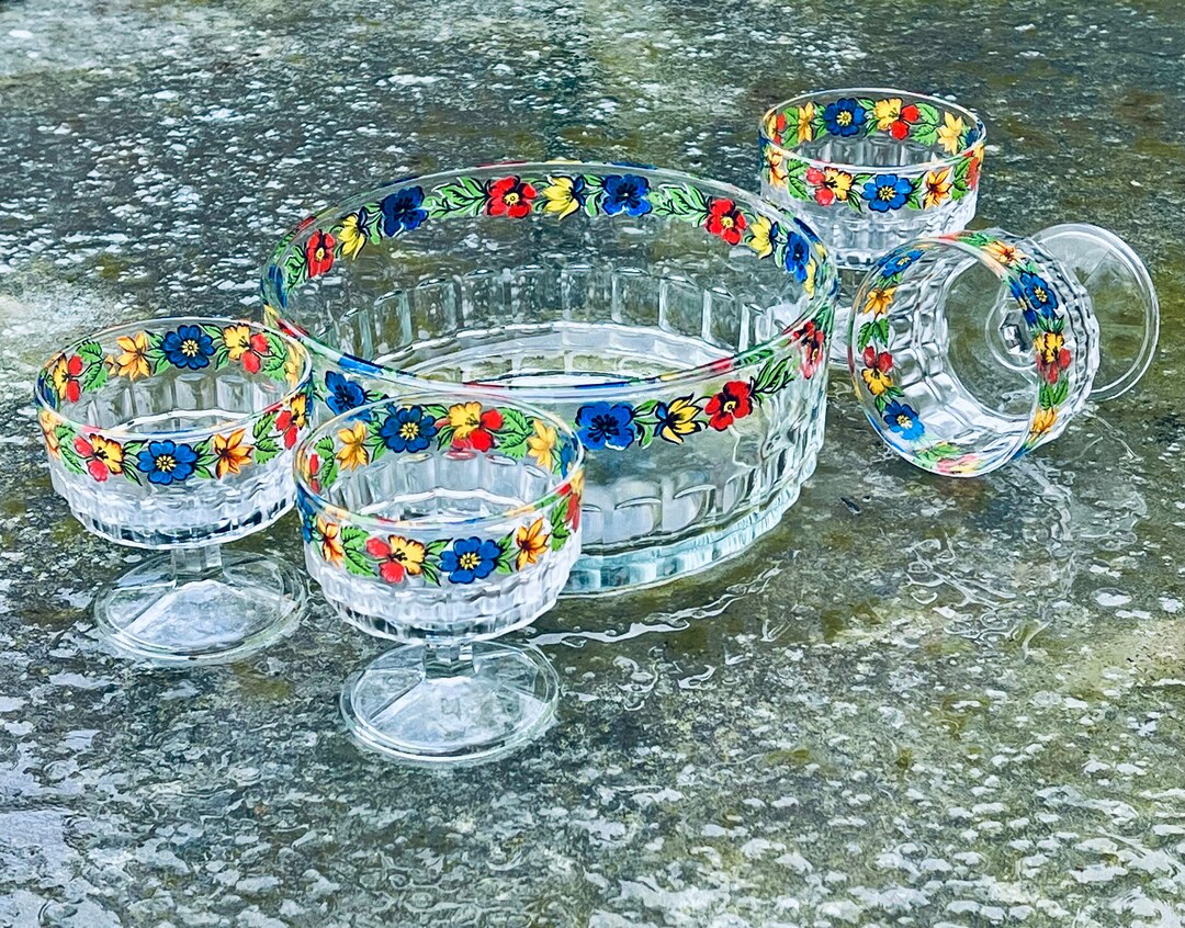 Macedonia Ice Cream Set Beautiful Vintage Floral Glass Set With 4 Cups