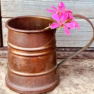 Può includere: Una tazza di rame con manico e un fiore rosa infilato nel bordo.