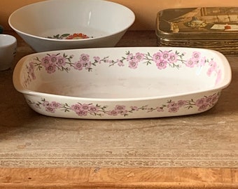 Porcelaine de Paris French vintage baking dish, beautiful white with pink flowers