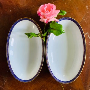 Porcelana vintage 2 hermosos platos ovalados, plato de servicio blanco con decoraciones de oro puro y azul cobalto Baviera Tirschenreuth