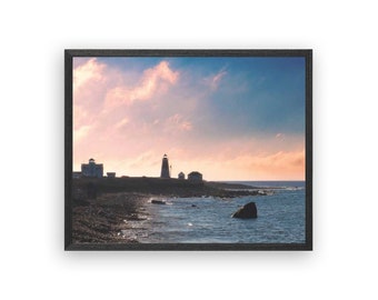 Point Judith Lighthouse,  Narragansett, RI Framed Tabletop Photography - 5" x 7" Black Metal Frame | Ocean Sunrise Landscape | Cloudscape